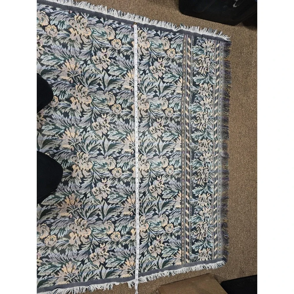 Goodwin Weavers‎ Throw Blanket ~ 50x63 Blue Floral Cotton Fringe Reversible USA